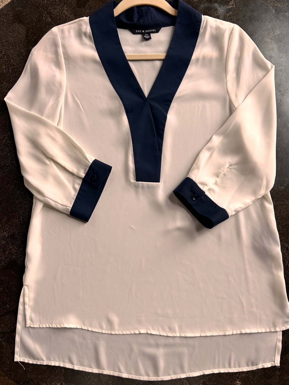 Zac & Rachel Cream and Navy Blue Trim Blouse - Size Small
